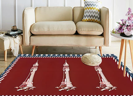 LHOMKCV Nautical Theme Area Rug,3x5ft,Ocean Lighthouse Print Burgundy Red Rug, Stars Striped Border Accent Carpet, American Style Non Skid Washable Floor Mats for Living Room Bedroom KidsRoom