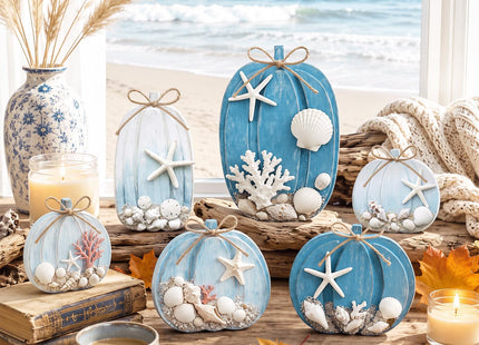 Leinuosen 6 Pcs Coastal Pumpkin Decor, Blue Fall Decorations for Home