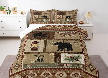 Erosebridal Rustic Lodge Bear Deer Bedding Full Size,Hunting Woodland Animals Comforter Set Camping Room Decor for Boys Men Adults,Retro Boho Wooden Canoe Quilt,Tribal Aztec Brown Duvet Insert,Soft