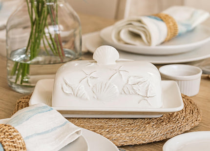 Blue Sky Clayworks Laguna Coastal Butter Dish, Ceramic, 8" L x 5.125" W x 3.375" H, Shell & Starfish Relief