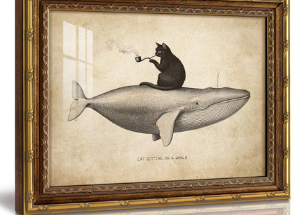 VIYYIEA Glass Gold Framed Surreal Cat Whale Canvas Wall Art, 13×16 Inch