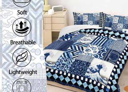 AILONEN Blue Nautical Patchwork Twin Bedding Set 3 Piece, 1 Comforter + 2 Pillowcases, Indigo Waves Sailboat Blocks for Dorm Loft Single Bed Youth Decor