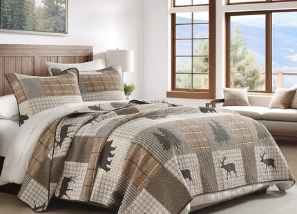 PERHOM Quilt King Size, 100% Cotton King Size Quilt, Lodge Cabin Farmhouse King Quilt, Brown Beige Green Plaid Lightweight Soft Quilted Bedspread Sets for All Season, 3 Pieces