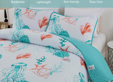 DJY Coral Jellyfish Quilt Queen Size Coastal Beach Bedspread Coverlet Set