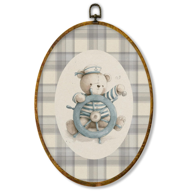 XPH Vintage Nautical Bear Oval Wall Art Framed, Kids Room Oval Wall Decor Accents, Neutral Gingham Ocean Bear Nautical Hanging Canvas Prints for Home Kids Boy Room Playroom Bedroom Decoration, 8.6x11.4 Inch
