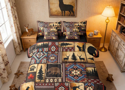 Erosebridal 7 Piece Rustic Cabin Plaid Comforter Set Queen,Rustic Farmhouse Aztec Bedding Sets For Kids Teens Men,Retro Hunting Wild Animals Bed in a Bag With Sheets,Country Woodland Pine Tree Bed Set