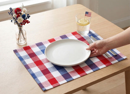 PurpleEssences Plaid Placemats 13x19 in Buffalo Plaid - Red Blue & White