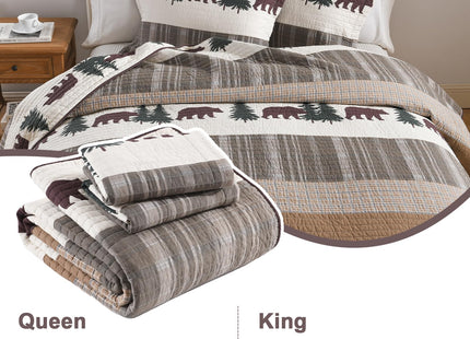Finlonte Quilt King Size, 100% Cotton Christmas King Size Quilt, Lodge Cabin Farmhouse King Quilt, Brown Green Lightweight Soft Quilt Bedspread Sets for All Season, 3 Pieces