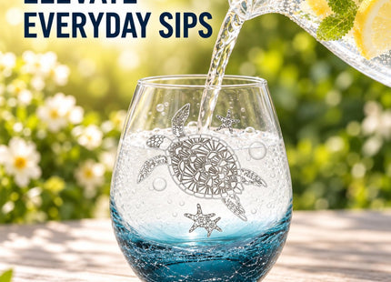 Sea Turtle Stemless Wine Glass Hand-Blown Coastal Crackle Teal Base 19oz