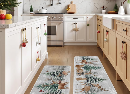 Baccessor Christmas Winter Kitchen Rugs Set of 2, Snowy Pine Tree Deer Cardinal Snowflakes Kitchen Mats Washable Non Slip Rubber Backing Xmas Farmhouse Home Floor Holiday Indoor Laundry Decor