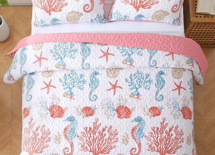 Heymybed Coastal Quilt Set Queen Size, 3 Pieces Pink Bedspread Coverlet with 2 Pillow Shams, Soft Microfiber Reversible Summer Beach Quilt Bedding Set for All Season 96"×90"