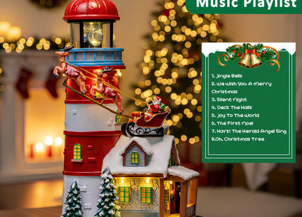 VISFLAIR Musical Christmas Village Figurines Lighthouse & Flying Santa Collectibles Building Statues, Battery & USB Christmas Home Decor Gifts Festive Holiday Decorations