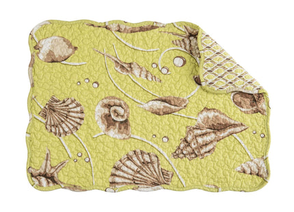 C&F Home Baker Cotton Quilted Reversible Machine Washable Green Seashell Vintage Design Placemat Set of 6 Scalloped Edges Coastal Beach Ocean for Kitchen or Dining Table Rectangular Placemat Set of 6