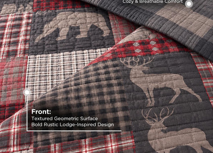 Rugs 4 Less Rustic Log Cabin Lodge Quilted Grey Charcoal Deep Red Reversible Plaid Bear Patchwork Bedspread Coverlet Bedding Set - Plaid Bear (King/Cal-King)