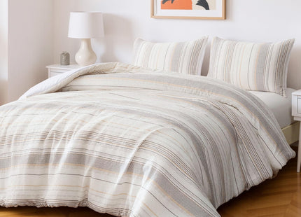 Amazon Basics Comforter Set, 3-Piece Jacquard Comforter and 2 Pillow Shams, All-Season Bedding, Queen, Beige Striped