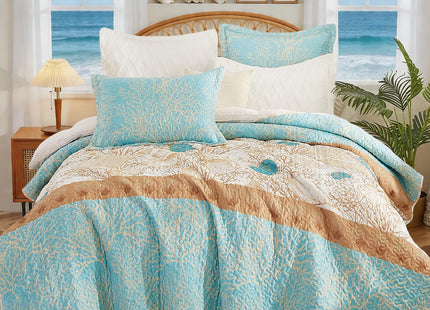 3 Pieces Coastal Quilt Sets King Size-Ocean Theme Coral Shell Starfish Conch Pattern Printed Quilt,Reversible Beach Bedding Set,Summer Soft Lightweight Nautical Bedspread Coverlet(King 106"x96")