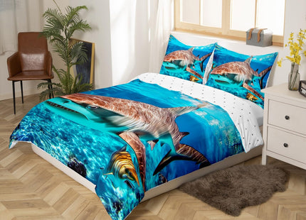 Erosebridal 3D Shark Bedding Set Underwater World Fish Comforter Cover,Nautical Sea Animal Duvet Cover Blue Ocean Marine Life Quilt Cover Under Sea Sealife Bedroom Decor Queen Size