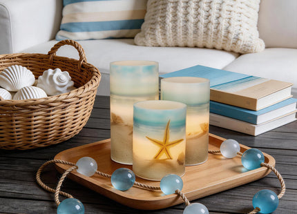 Velsyn Beach Flameless LED Candles with Remote and Timer, Seashell & Starfish Pillar Unscented Real Wax, Ocean Decor for Home Bedroom Wedding Coastal Room, 3" x 4",5",6", Set of 3(Beach)