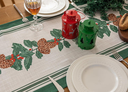 Midsummer Breeze Christmas Table Runner – Pinecone & Holly Design, 18”x90” inches Long, Winter Dining Holiday Décor-Green