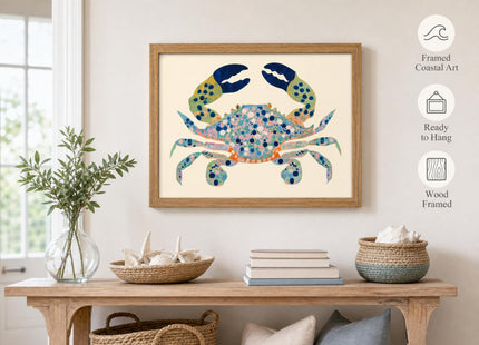 UAWRL Solid Wood Framed Watercolor Blue Coastal Crab Canvas Wall Art