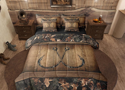 Erosebridal 7 Piece Rustic Lake Cabin Comforter Set with Sheets Farmhouse Fishing Bedding Set Full Tree Branches Camo Fish Hook Bed in A Bag for Kids Boys Teen Men Country Camouflage Bed Set