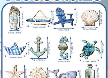 Maitys 36 Pcs Beach Wooden Ornaments Ocean Summer Tree Decorations Coastal Nautical Seaside Wood Cutouts Navigation Hanging Ornaments Xmas Decorations for Home Tree Wall Wreath Crafts(Beach Sea)