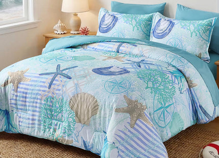 Xruibed Coastal Comforter Set Queen Size, Beach Coral Themed Bed in a Bag, 7 Pieces Ocean Nautical Seaweed & Starfish Soft Summer Comforter Bedding Sets for All Seasons(90"×90")
