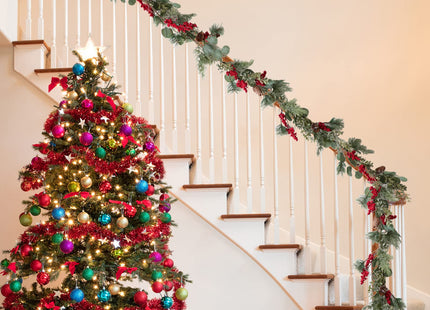 LOHASBEE Artificial Christmas Garland, 5 Feet Pine Cone Eucalyptus Garland with Red Berries, Bells & Greenery Glitter for Christmas Indoor Outdoor Garden Gate Front Door Home Wall Window Stair Decor