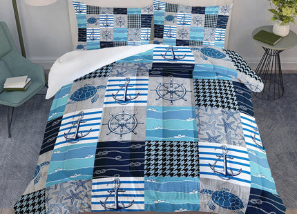 Datura home Nautical Anchor Sailor Comforter Bedding Set for Kids Teens Adults,Ocean Themed Rustic Buffalo Plaid Patchwork Blue Sea Microfiber Comforter with 2 Pillowcases(Anchor Sailor Twin)