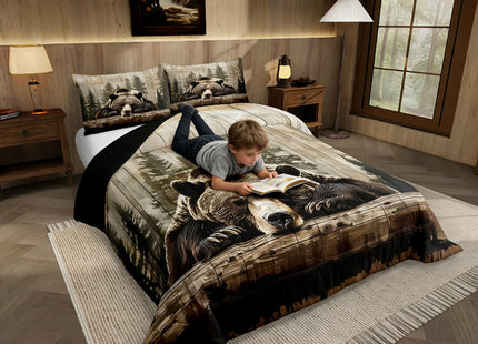 Feelyou Grizzly Bear Comforter Set King Size, Wild Animal Hunting Quilt Set with 2 Pillowcases, Rustic Cabin Farmhouse Bedding Set 3pcs for Kids Boys Teens Room Decor, Western Country Duvet Insert