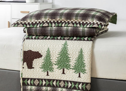 Junsey Cabin Bear Quilts Set Full/Queen Size, Lightweight Plaid Bedspread Coverlet Rustic Lodge Bedding Forest Tree Bed Sheet with Pillowshams (Beige Brown, Full/Queen)