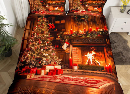 Xmas Duvet Cover Set Queen Size,Christmas Fireplace Christmas Tree Bedding Set Kids Boys Girls Room Decor,Merry Christmas Comforter Cover 3Pcs,Pine Tree Bedspreads Cover,2 Pillowcases(NO Comforter)