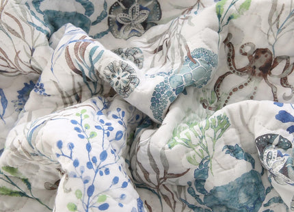 SUCSES 3Pcs Ocean Quilts Queen Size Cotton Coastal Quilt Bedding Set with Sea Turttle Seahorses Pattern Soft Oversized Bedspread Coverlet with 2 Shams for Beach Theme Room Decor