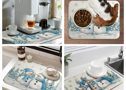 Winter Dish Drying Mat Winter Snowman Large Kitchen Mats Dish Drying Pad Blue Snowman Pine Tree Absorbent Dish Dryer Mat for Kitchen Countertops Microfiber Drainer Pad Dish Drying Mats (18x24 in)