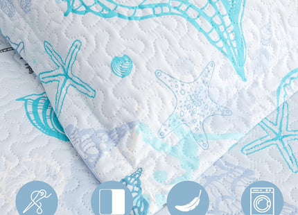 Hailea Beach Quilt Set King Size Coastal Bedding Lightweight Reversible Quilts Nautical Bedspreads Beach Theme Coverlet Set Conch Coral Shell Printed Comforter Set with 2 Pillow Shams