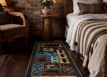 Hallway Runner Rug 2x6 Indoor Door Mat - Bear Rustic Cabin Non-Slip Entryway Rug, Low Pile Tribal Print for Kitchen, Bedroom