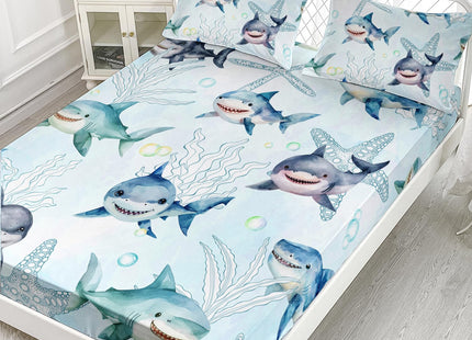 AILONEN Shark Fitted Sheet Set Twin XL Size for Boys Kids - Ocean Blue Starfish Bed Sheet With 2 Pillowcases, 3 Pieces