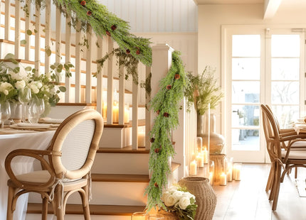 WBHome 2pcs Real Touch Cypress Cedar & Pine Cone Evergreen Garland for Christmas Holiday Seasonal Outdoor/Indoor Home Decor, 9FT Long