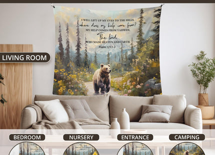 WAITPI Christian Woodland Mountain Hanging Wall Tapestry for Bedroom, Farmhouse Bear Forest Psalm 121:1-2 Bible Verse Scripture Wall Hanging Decor Tapestry for Home Living Room, 50x60in