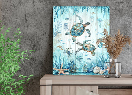 Nautical Beach Sea Turtle Bathroom Decor Wall Art Ocean Sea Turtle Paintings Artwork for Walls Teal Beach Theme Decor Pictures Prints Framed Decorations for Bedroom Bathroom Kitchen Home 20"x24"