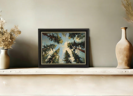 Framed Towering Pine Forest Canvas Wall Art, Rustic Green Nature Tree Decor