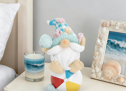 Hodao Coastal Ocean Gnome Decorations – Hand-Painted Resin Beach Gnome Sitting on Ball with Seashell Hat & Coral Details, Summer Sea Decor Gift for Indoor Home, Bedroom & Tabletop Ornaments