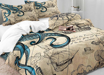 LUVIVIHOME 3PCS Ocean Octopus Duvet Cover Queen Bedding Sets, Nautical Coastal Sailboat Lighthouse Mermaid Teal Kraken Tentacles Marine Sea Animal Vintage Brown Comforter Quilt Cover, 2 Pillow Cases