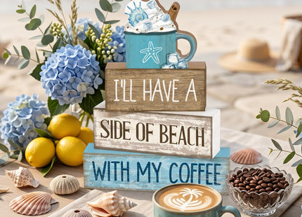 Lineshading 4 Pcs Beach Coastal Wooden Block Signs with Coffee Cup Summer