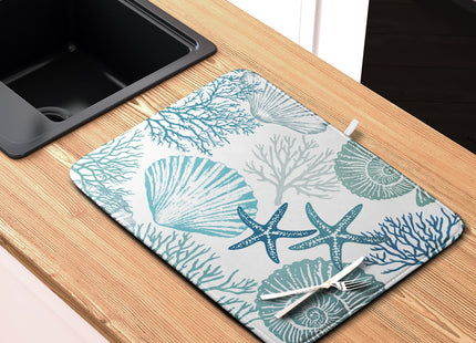 Summer Teal Dish Drying Mat for Kitchen Counter Nautical Coastal Blue Dishes Drainer Mats Turquoise Beach Coral Seashell Starfish Ocean Absorbent Microfiber Dish Draining Pad 18x24 Inch