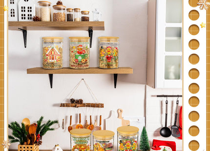 6 Pcs Christmas Gingerbread Glass Storage Jar with Airtight Bamboo Lid