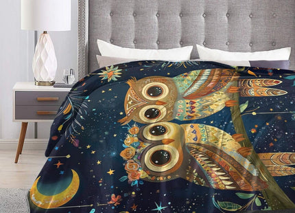 Owl Blanket – Whimsical Starry Night Throw with Floral, Cozy Flannel Gift for Women & Owl Lovers 60"x50"