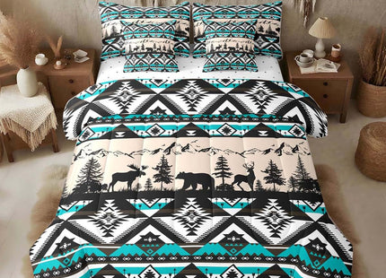Feelyou Western Comforter Set with Sheets 7 Piece Queen Size Southwestern Aztec Bedding Set for Kids Boys Girls Bear Bed in a Bag Deer Moose Room Decor Wild Animals Blue Soft Lightweight Microfiber