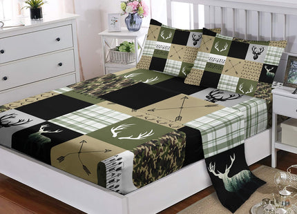 Nttopship Hunting Camo 4 Pieces Bed Sheet Sets Full Size Deer Hunting Camo Bedding Sets with 16" Deep Pockets Hunt Deer Bedroom Decor,Bedding Set 4 PCS(1 Fitted+1 Flat+2 Pillowcases)