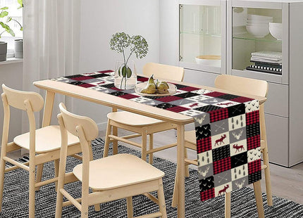 Cabin Retro Rustic Lodge Table Runner Deer Country Hunting Wild Animal Plaid Check Kitchen Dinner Runner for Indoor Home Living Room Party Dining Table Decoration 13"x120"